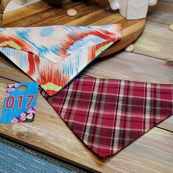 #17  Medium 9" Upcycled Tie Dye Splash & Wine Plaid Dog Bandanas - Picture 1 of 3